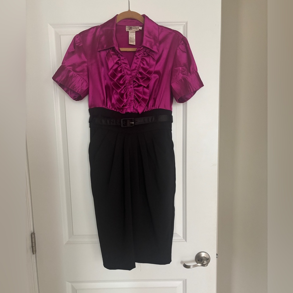 Elegant Magenta Ruffle Satin Dress Size 8